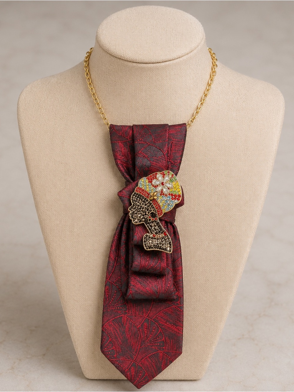 Necktie Necklace | African Lady Brooch | Red & Black Tie | Neck Nouveau